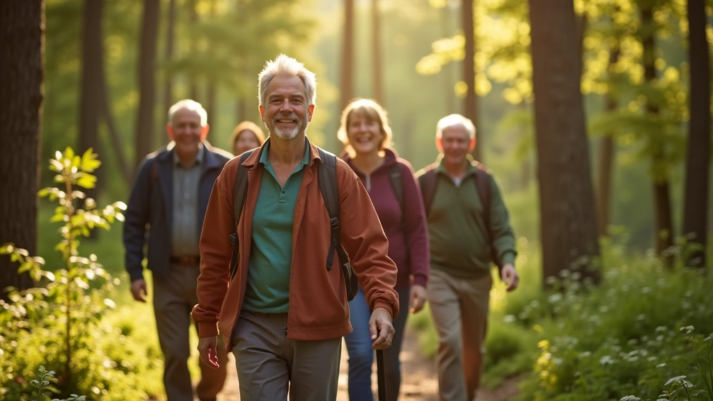 Senioru pārgājienu grupa mežā, smaidoši cilvēki dabas vidē, apzaļumots fons