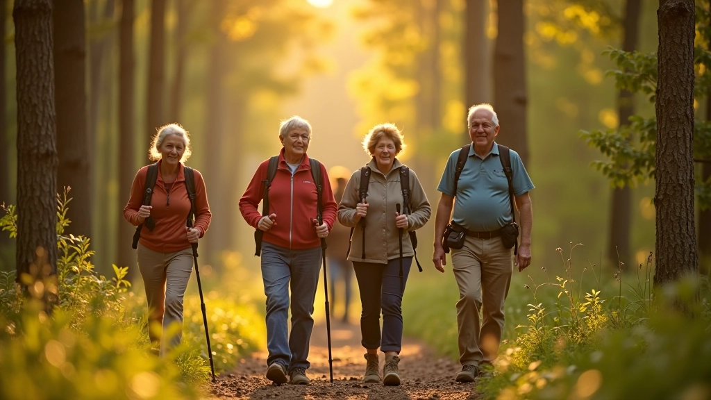 Senioru pārgājienu grupa mežā, smaidoši cilvēki, apzaļumots fons